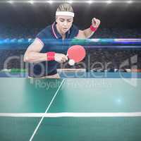 Composite image of female athlete playing ping pong