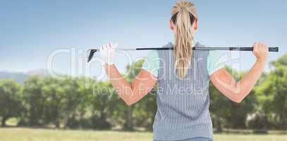 Composite image of pretty blonde playing golf