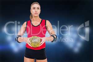 Composite image of female athlete with elbow pad holding handbal