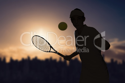 Composite image of female athlete playing tennis