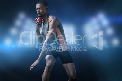 Composite image of athlete man concentrating during his shot put