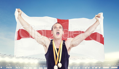 Composite image of athlete posing with olympic gold medals aroun