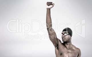 Composite image of swimmer posing after victory