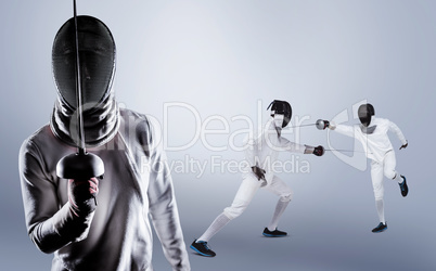 Composite image of man wearing fencing suit practicing with swor