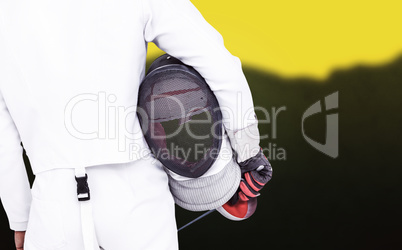 Composite image of rear view of swordsman holding fencing mask a