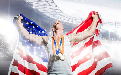 Composite image of athlete posing with American flag and gold me