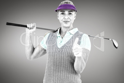 Composite image of pretty blonde playing golf and showing a thum