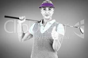 Composite image of pretty blonde playing golf and showing a thum