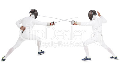 Composite image of man wearing fencing suit practicing with swor