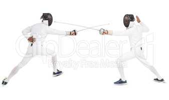 Composite image of man wearing fencing suit practicing with swor