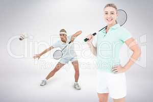 Composite image of badminton players playing and posing