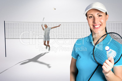 Composite image of badminton players playing and posing