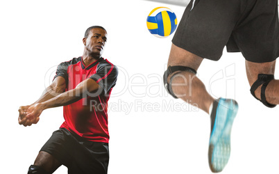 Composite image of rear view of sportsman posing while playing v