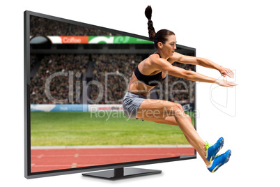 Composite image of sportswoman jumping on a white background