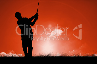 Composite image of golfplayer taking a shot