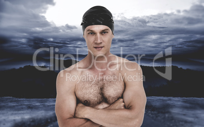 Composite image of portrait of swimmer posing with arms crossed