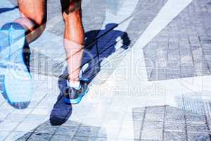 Composite image of close up view of athletes legs running