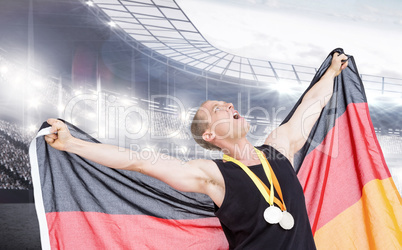 Composite image of athlete posing with olympic gold medals aroun