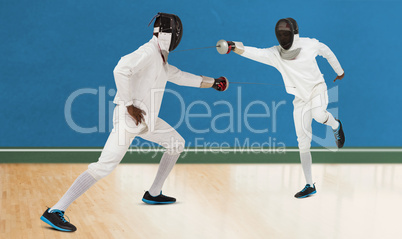 Composite image of man wearing fencing suit practicing with swor