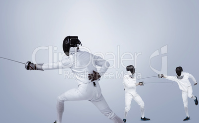 Composite image of man wearing fencing suit practicing with swor