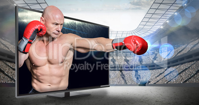 Composite image of bald boxer in fighting stance