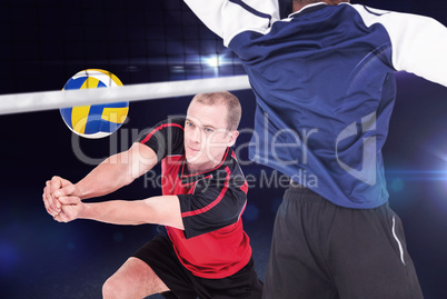 Composite image of rear view of sportsman posing while playing v