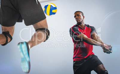 Composite image of rear view of sportsman posing while playing v