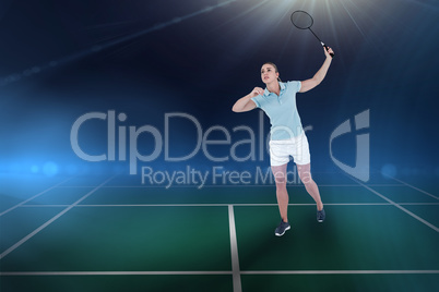 Composite image of pretty blonde playing badminton