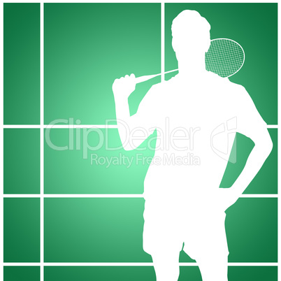 Composite image of portrait of badminton player standing with ha