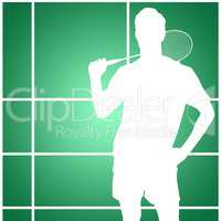 Composite image of portrait of badminton player standing with ha