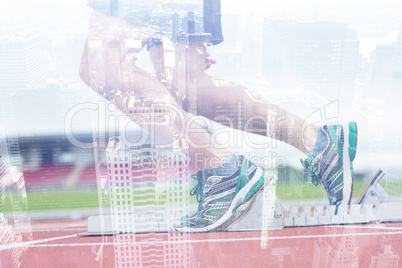 Composite image of low section of a man ready to race on running