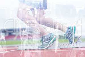 Composite image of low section of a man ready to race on running