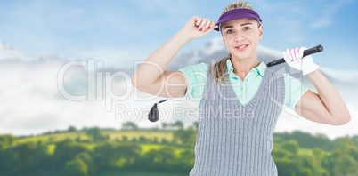 Composite image of pretty blonde playing golf