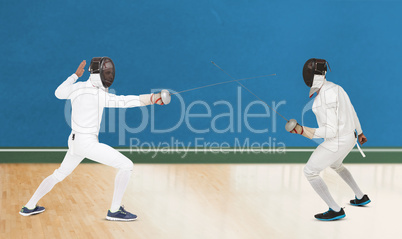 Composite image of man wearing fencing suit practicing with swor