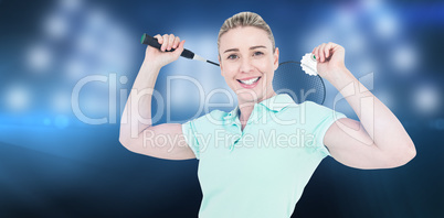 Composite image of pretty blonde playing badminton