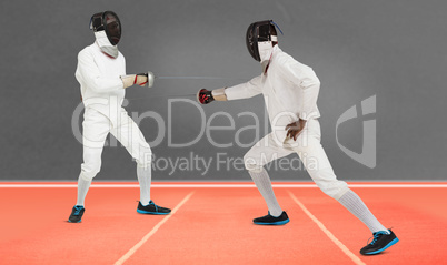 Composite image of man wearing fencing suit practicing with swor