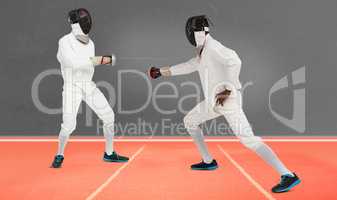 Composite image of man wearing fencing suit practicing with swor