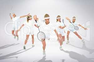 Composite image of badminton player playing badminton