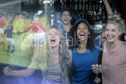 Composite image of friends are watching rugby match