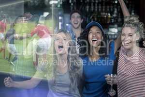 Composite image of friends are watching rugby match