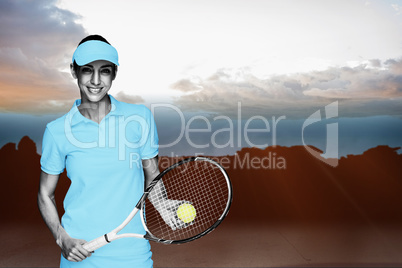 Composite image of female athlete posing with her tennis racket