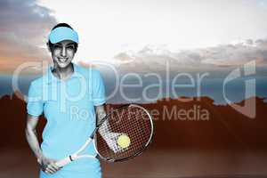 Composite image of female athlete posing with her tennis racket