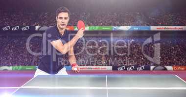 Composite image of confident male athlete playing table tennism