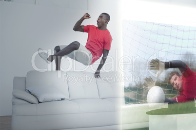 Composite image of excited man is watching sport match on televi