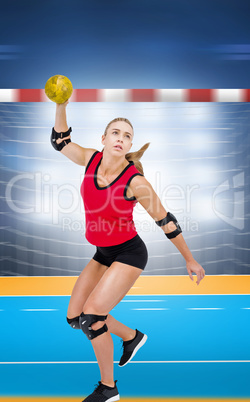 Composite image of female athlete with elbow pad throwing handba