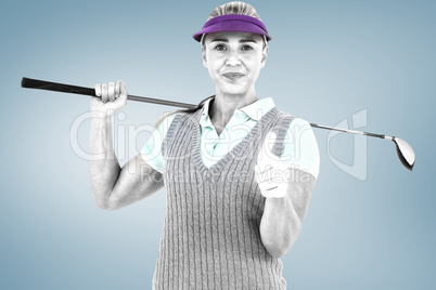 Composite image of pretty blonde playing golf and showing a thum