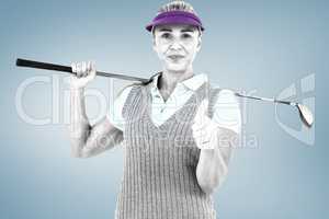 Composite image of pretty blonde playing golf and showing a thum