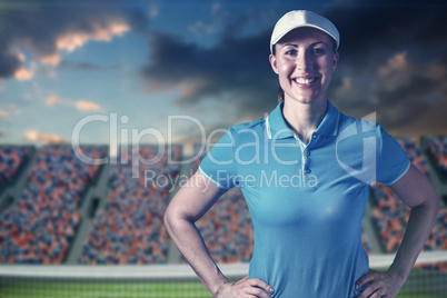 Composite image of sportswoman posing on black background