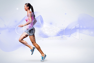 Composite image of profile view of sportswoman running on a whit Composite image of profile view of sportswoman running on a whit