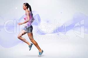Composite image of profile view of sportswoman running on a whit
